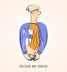 young couple lovely hugging. happy valentines day cards with text together and forever on beige back