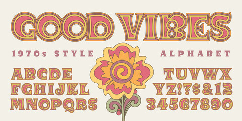 Good Vibes; a lively and fun vintage 1970s style alphabet with striped effects, warm color palette and groovy post-hippie era look.