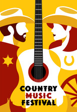 Country Music Festival Poster. Illustration With Acoustic Guitar, People Faces In Cowboy Hat,  Wild West Ellements. Country Girl, Beardede Cowbow, West Landscape. Illustration For Music Event.