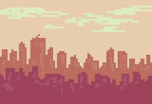 Illustration Of Cityscape With Sunset Colors In Pixel Art Style