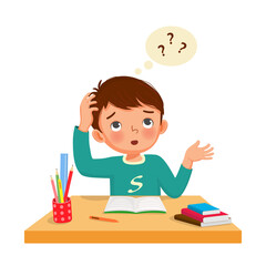 little boy with question mark scratching head, confused and having problems when doing his difficult math homework at the desk