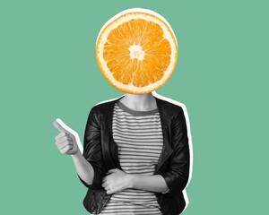 Sticker - Citrus health care. Contemporary art collage of woman with lemon slice head. Concept of art