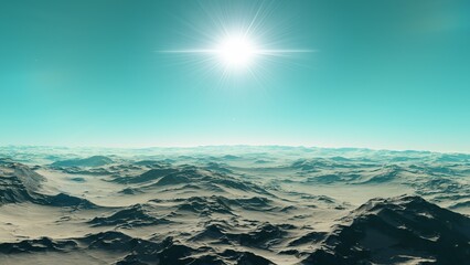  alien planet landscape sci fi spatial background, view from planet surface with spectacular sky, realistic digital illustration