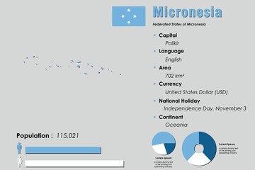 Wall Mural - Micronesia infographic vector illustration complemented with accurate statistical data. Micronesia country information map board and Micronesia flat flag