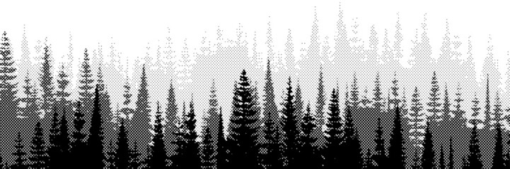 Poster - Vector halftone dots background, fading dot effect. Imitation of a coniferous forest, banner, shades of gray. 
