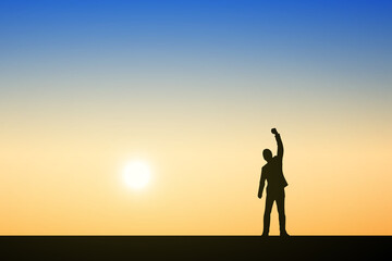 silhouette of a person with a raised arms. Illustration sunset background. Business, teamwork, goal and success concept.