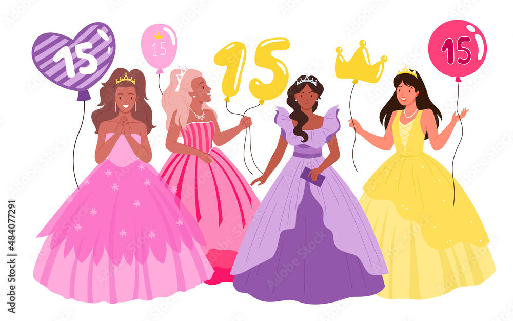 Cartoon teen female characters in purple or pink dresses, princess tiara  and crown, holding balloons with number 15 isolated on white. Quinceanera,  birthday party with pretty girls vector illustration Stock Vector |