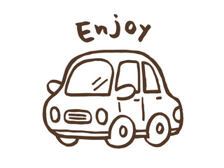 かわいい車の線画とEnjoyの手書き文字／手描きイラスト素材