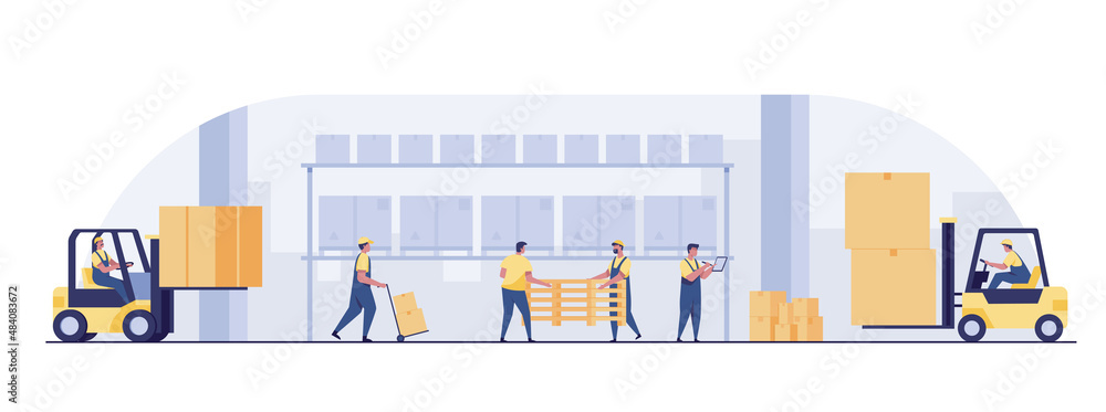 Warehouse Stacking Process Warehouse process and management, Warehouse Workers Loading, Stacking ...