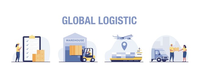 Global logistic chain. International supply, distribution, warehouse. Illustration