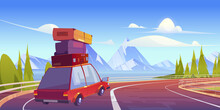 Car with luggage on roof drive on overpass road on lake shore with mountains on horizon. Vector cartoon illustration of summer landscape with highway bridge, river, white rocks and auto with suitcases