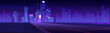 © klyaksun - Road to night city, empty highway and glowing purple skyline with futuristic megapolis modern urban architecture with skyscraper buildings, towers on neon background, Cartoon vector illustration