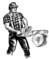 Canadian lumberjack cutting tree log with chainsaw. Ink black and white drawing