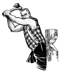 Canadian lumberjack cutting tree with axe. Ink black and white drawing