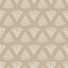 Sticker - Different Pizza Slices Pizzeria Thin Line Seamless Pattern Background for Web and App Design. Vector illustration