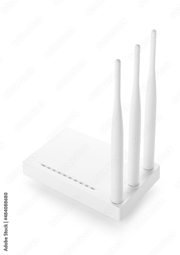Wi-Fi router with antennas on white background
