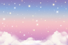 Holographic Fantasy Rainbow Unicorn Background With Clouds And Stars. Pastel Color Sky. Magical Landscape, Abstract Fabulous Pattern. Cute Candy Wallpaper. Vector.