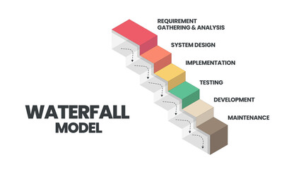 The waterfall model infographic vector is used in software engineering or software development processes. The illustration has 6 steps like Agile methodology or design thinking for application  system