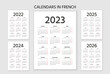 French Calendar 2023, 2022, 2024, 2025, 2026 years. Week starts Monday. Vector. France calender template. Yearly stationery organizer. Vertical, portrait orientation. Simple illustration.