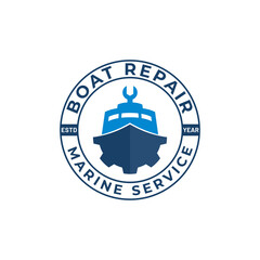 Boat Repair Emblem logo design vector, Gear  and Wrench with Cruise Ship Speedboat, for Marine Services and Sea ​​Transportation Repair service logo design