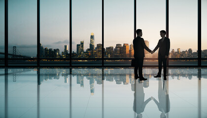 Young european businesspeople shaking hands in modern office interior with panoramic city view and reflections on floor. Meeting, success, teamwork and leadership concept.