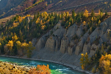 Sticker - Russia. The South of Western Siberia, Altai Mountains. Only in the middle of autumn, when the mountain glaciers stop melting, the water in the Chuya River becomes transparent and rich turquoise color.