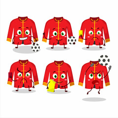 Canvas Print - Red chinese traditional costume cartoon character working as a Football referee