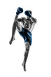 Full size of kickboxer in blue sportswear on white background. muscular athlete fighting. Silhouette