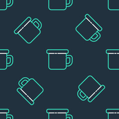 Sticker - Line Camping metal mug icon isolated seamless pattern on black background. Vector