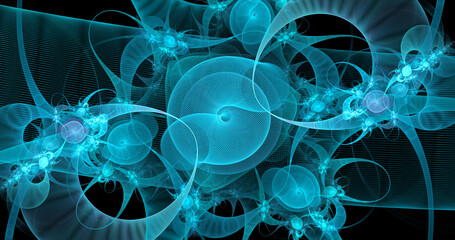 Wall Mural - abstract colorful shiny blue lines on dark background. digital fractal art. 3d rendering.