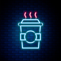 Sticker - Glowing neon line Coffee cup to go icon isolated on brick wall background. Colorful outline concept. Vector