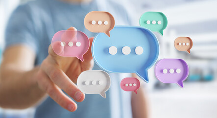 Wall Mural - Man touching with his fingers digital speech bubbles talk icons. Minimal conversation or social media messages floating in front of businessman hand. 3D rendering