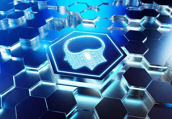 Aufkleber - Brain icon concept engraved on metal hexagonal pedestral background. Artificial intelligence symbol glowing on abstract digital surface. 3d rendering