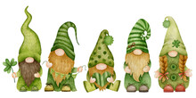 Watercolor Illustration Set Of Gnomes, St. Patrick's Day.
