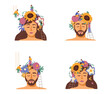 Blooming flowers on peoples head, mental health abstract flat vector illustration isolated on white background.