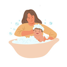 Mom Bathes Her Baby In A Bubble Bath. Vector Hand Drawn Illustration In Cartoon Flat Style. Isolated On White Background.