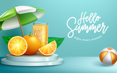 Wall Mural - Summer holiday vector design. Hello summer text in blue background with orange refreshment juice for tropical season relax holiday brochure. Vector illustration.
