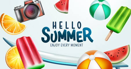 Wall Mural - summer vector background design. hello summer greeting text with popsicle, beach balls and fruits tr