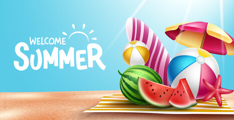 Wall Mural - summer greeting vector design. welcome summer text in sand beach background with tropical season obj