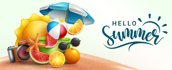Wall Mural - summer season vector design. hello summer typography text with tropical holiday elements in sand bea