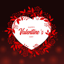 Happy Valentine's Day Text In White Heart Banner With Red Vines Leaves And Flower Around On Dark Red Light Bakground Vector Design