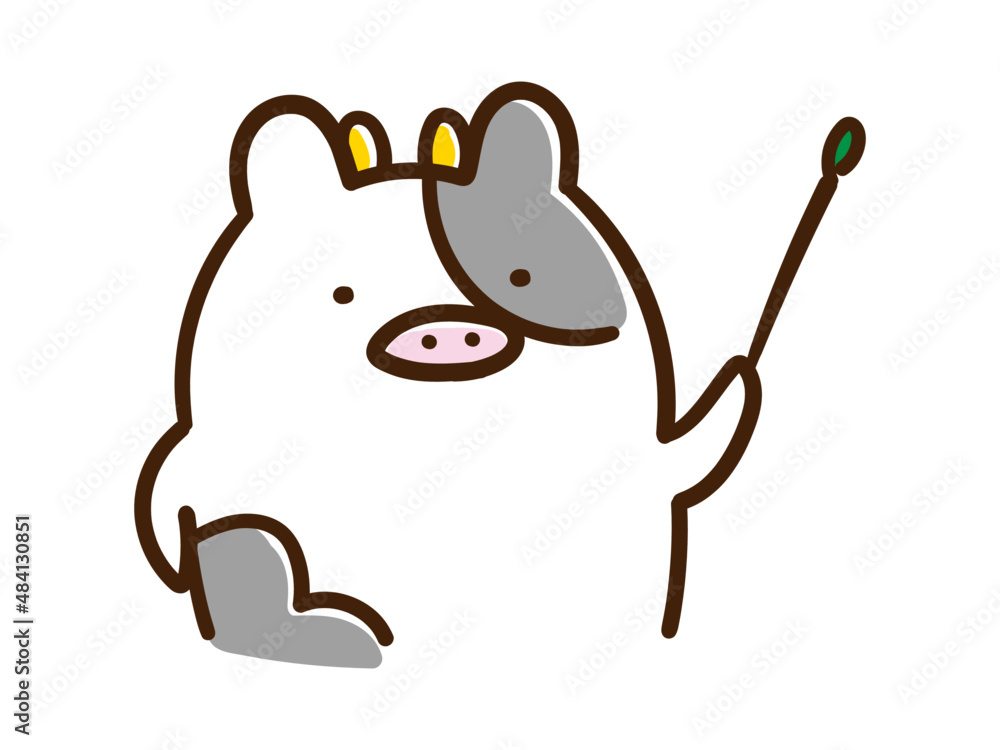 教鞭を振るうかわいいうしのキャラクターの手書き風イラスト の Stock 