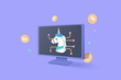 3d cryptocurrency concept for unicorn image files in NFT transfer to dollar by blockchain technology, Futuristic background. Cash and floating crypto exchange. cashless society concept in 3d vector