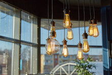 Decorative Ceiling Light Bulbs Shine With A Dim Light. Home Decoration And Interior Elements