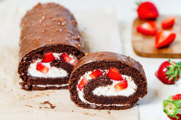 roll cake chocolate with strawberry