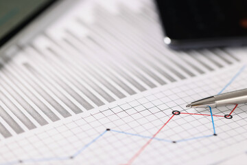 Business document with some graphic on it, blue and red lines in increase and decrease order