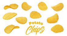 Realistic Crispy Ripple Isolated Potato Chips Of Snack Food. Vector Fried Crunchy Crisps, Wavy Salty Slices Of Potato Vegetables, Junk Or Fast Food Party Snacks, 3d Ribbed Chips Set