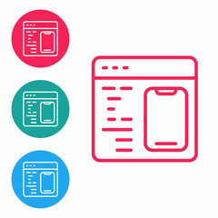 Red line Software, web developer programming code icon isolated on white background. Javascript computer script random parts of program code. Set icons in circle buttons. Vector