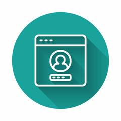 White line Create account screen icon isolated with long shadow background. Green circle button. Vector