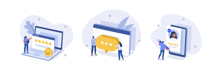 Wall Mural - feedback and review illustration set. people characters giving helpdesk service five star feedback a